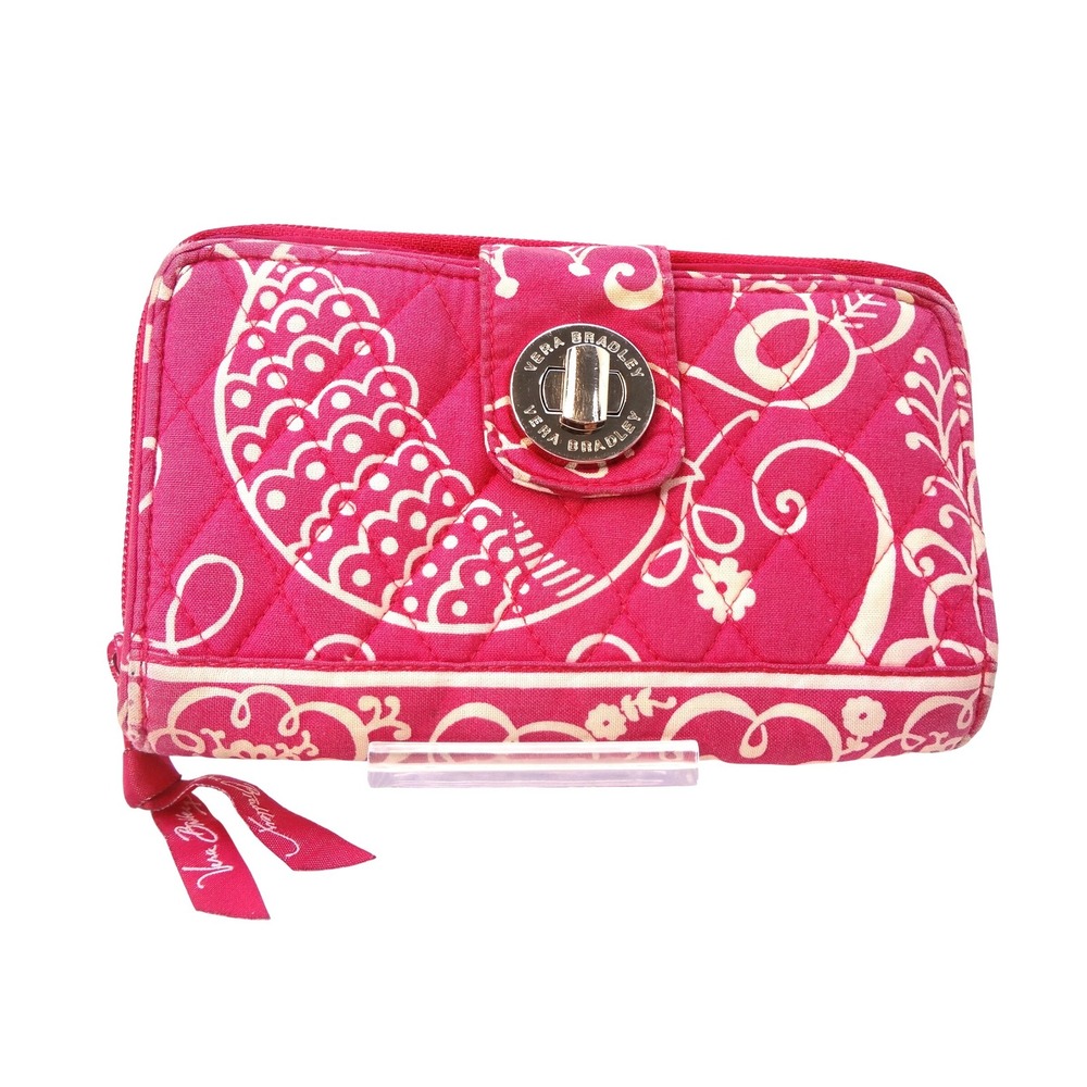 Vera Bradley Turnlock Wallet Twirly Birds Pink White Quilted Floral Paisley - Picture 1 of 6